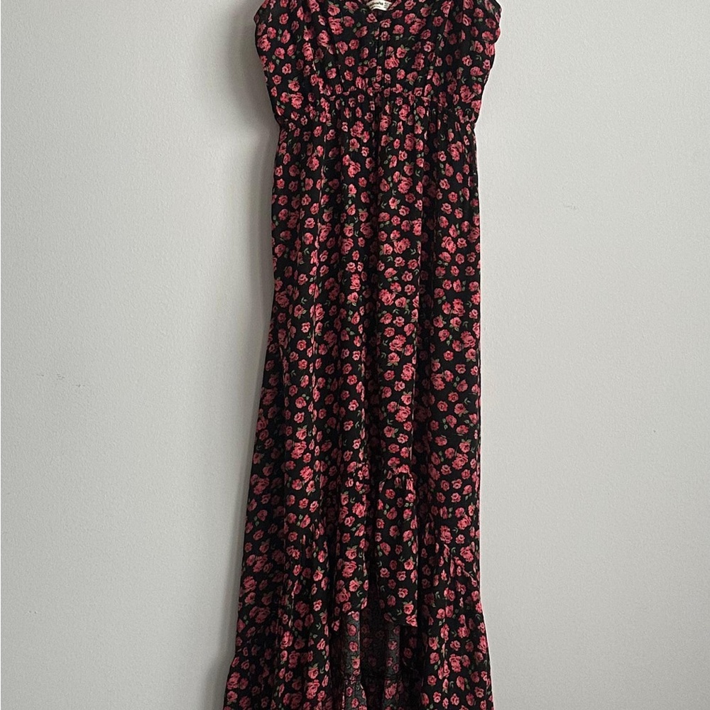Stradivarius Black and Pink Floral Maxi Asymmetrical Dress